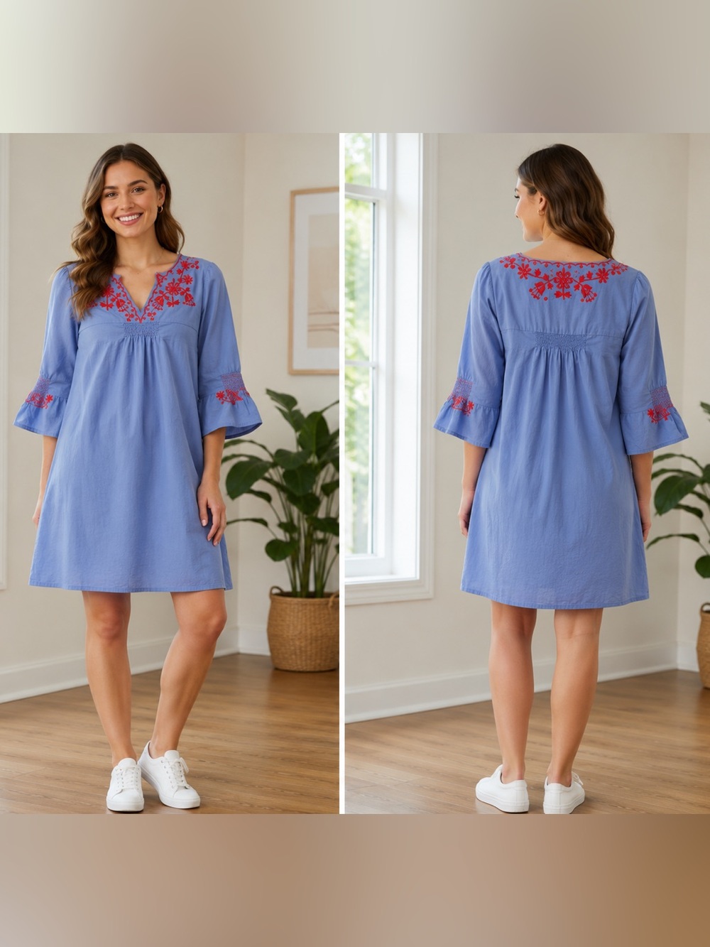 Madewell Blue Embroidered Cotton Shift Dress Red Floral Boho Tunic Size Medium
